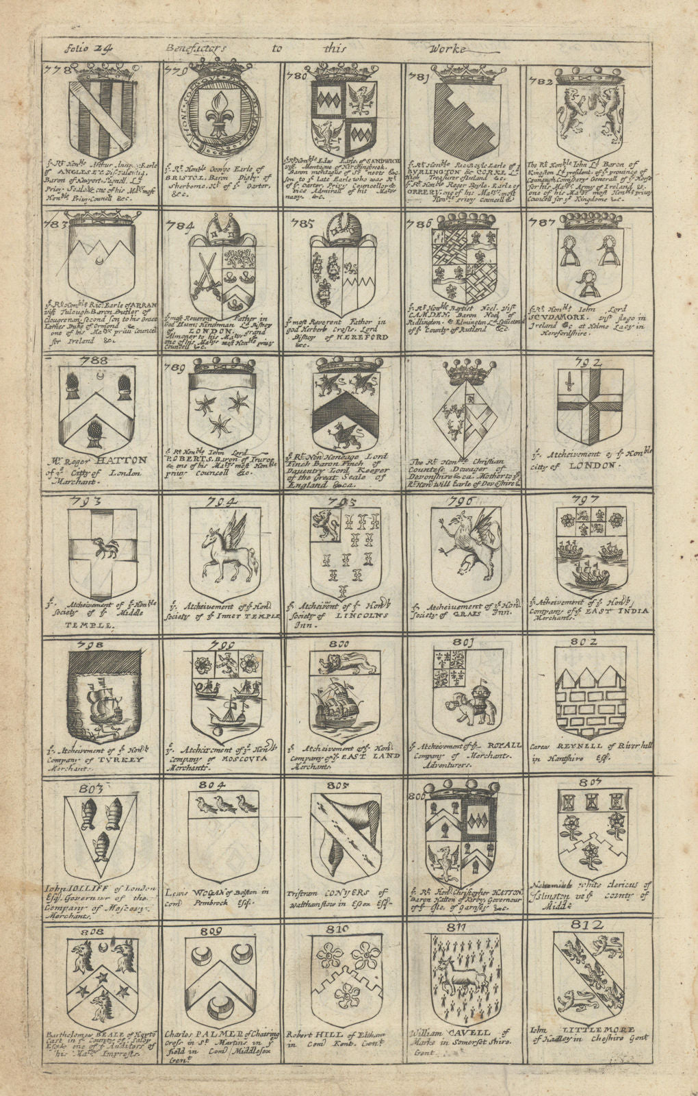 Family coats of arms of benefactors to Blome's Britannia. Folio 24 #778-812 1673